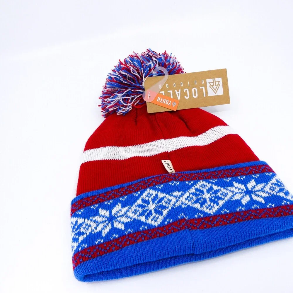 Ski‎ Winter Hat Youth One Size Red Blue Boys Nature Winter Sports Beanie Pom New